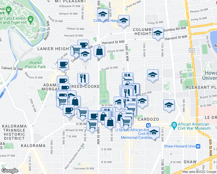 map of restaurants, bars, coffee shops, grocery stores, and more near 2331 15th Street Northwest in Washington