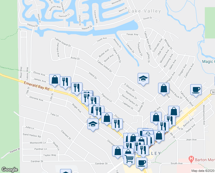 map of restaurants, bars, coffee shops, grocery stores, and more near 817 Hazel Drive in South Lake Tahoe