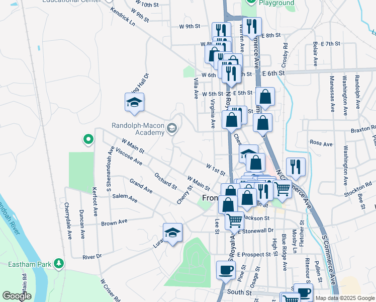 map of restaurants, bars, coffee shops, grocery stores, and more near 211 West 1st Street in Front Royal