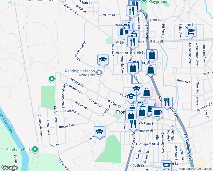 map of restaurants, bars, coffee shops, grocery stores, and more near 213 West 1st Street in Front Royal