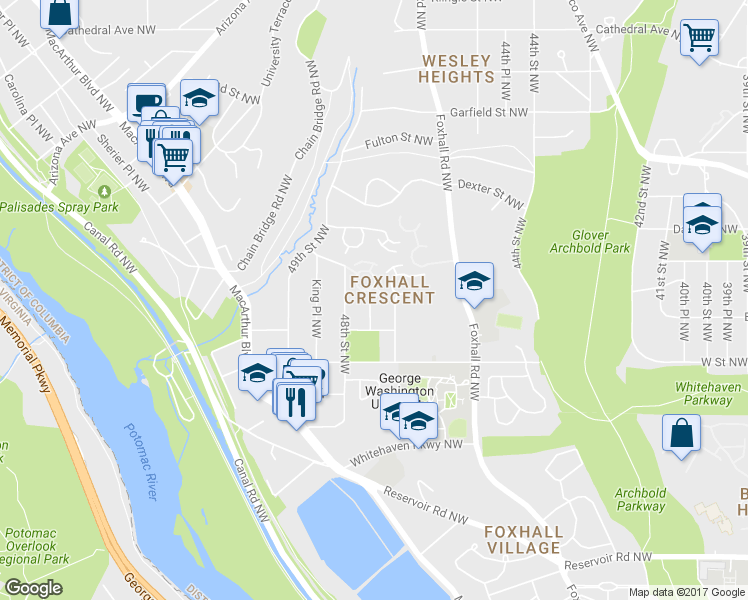 map of restaurants, bars, coffee shops, grocery stores, and more near 4728 Foxhall Crescent Northwest in Washington