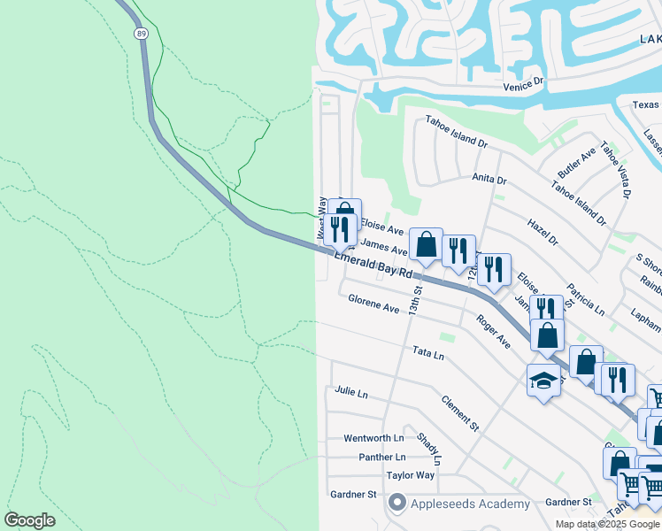map of restaurants, bars, coffee shops, grocery stores, and more near 532 Emerald Bay Road in South Lake Tahoe