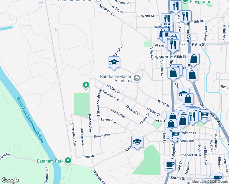 map of restaurants, bars, coffee shops, grocery stores, and more near 411 Viscose Avenue in Front Royal