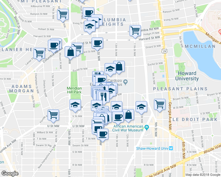 map of restaurants, bars, coffee shops, grocery stores, and more near 1309 Belmont Street Northwest in Washington