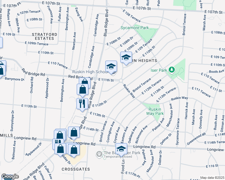 map of restaurants, bars, coffee shops, grocery stores, and more near 7113 East 111th Terrace in Kansas City