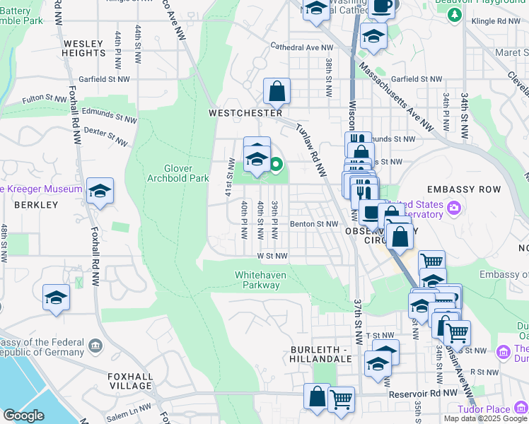map of restaurants, bars, coffee shops, grocery stores, and more near 2319 40th Street Northwest in Washington