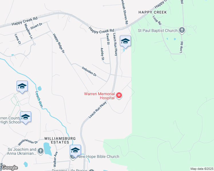 map of restaurants, bars, coffee shops, grocery stores, and more near 1207 Happy Ridge Drive in Front Royal
