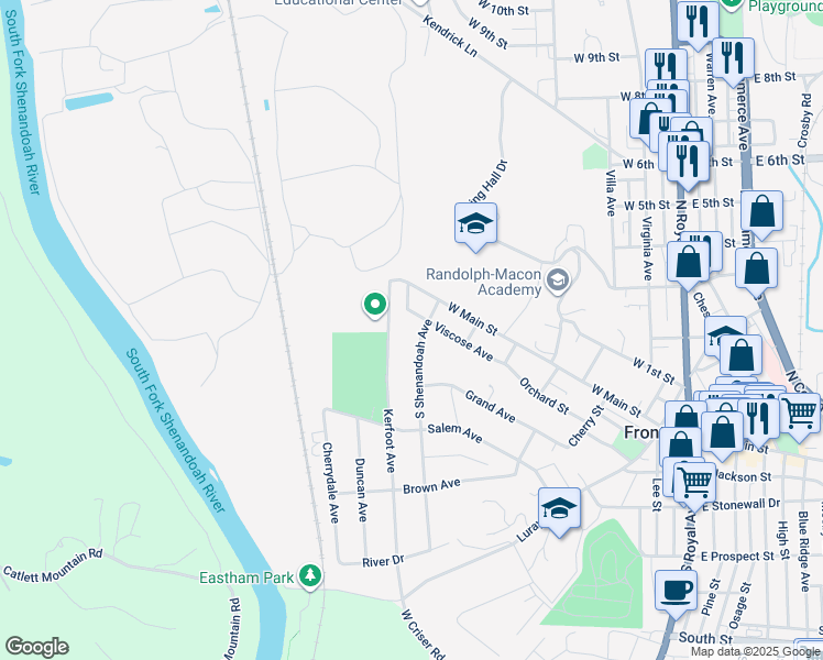 map of restaurants, bars, coffee shops, grocery stores, and more near 107 South Shenandoah Avenue in Front Royal