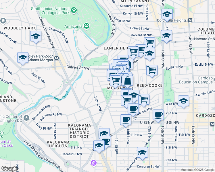map of restaurants, bars, coffee shops, grocery stores, and more near 1854 Mintwood Place Northwest in Washington