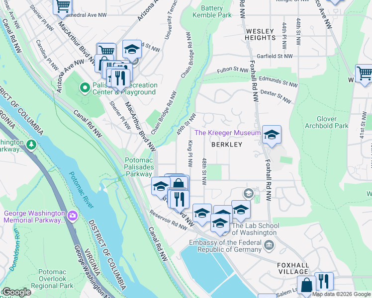 map of restaurants, bars, coffee shops, grocery stores, and more near 2338 King Pl NW in Washington