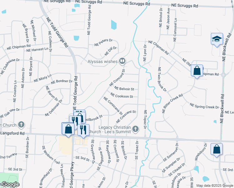 map of restaurants, bars, coffee shops, grocery stores, and more near 2103 Northeast Belvoir Street in Lee's Summit