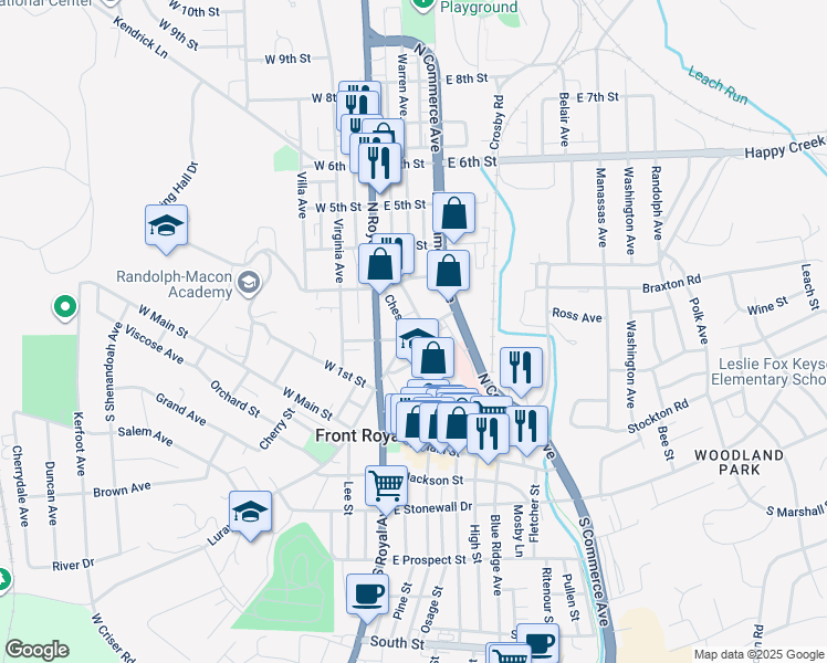 map of restaurants, bars, coffee shops, grocery stores, and more near 203 Chester Street in Front Royal