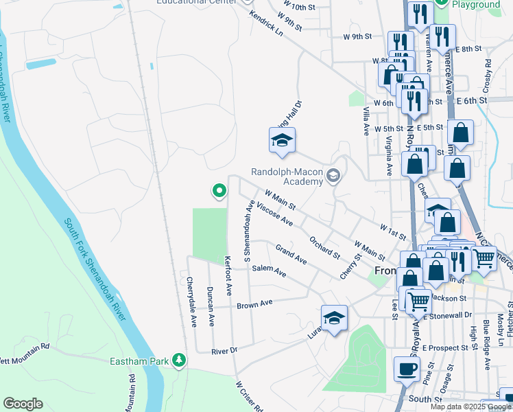 map of restaurants, bars, coffee shops, grocery stores, and more near 102 South Shenandoah Avenue in Front Royal