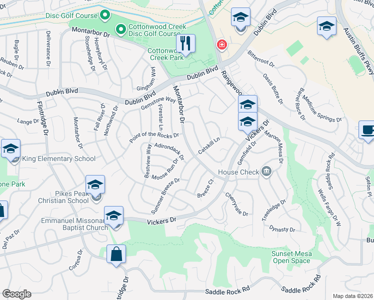 map of restaurants, bars, coffee shops, grocery stores, and more near 7515 Montarbor Drive in Colorado Springs