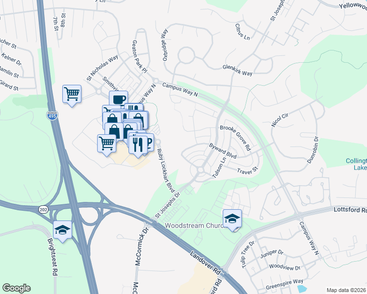 map of restaurants, bars, coffee shops, grocery stores, and more near 2608 Brooke Grove Road in Bowie