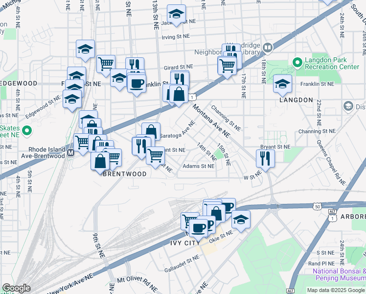 map of restaurants, bars, coffee shops, grocery stores, and more near 101 Independence Avenue Southeast in Washington