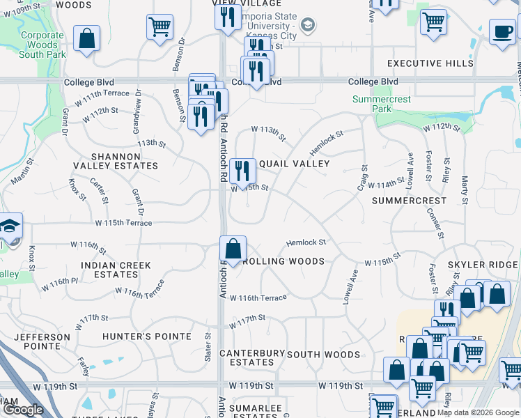 map of restaurants, bars, coffee shops, grocery stores, and more near 11501 Woodward Street in Overland Park