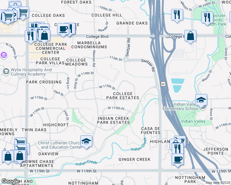 map of restaurants, bars, coffee shops, grocery stores, and more near 10808 West 115th Street in Overland Park