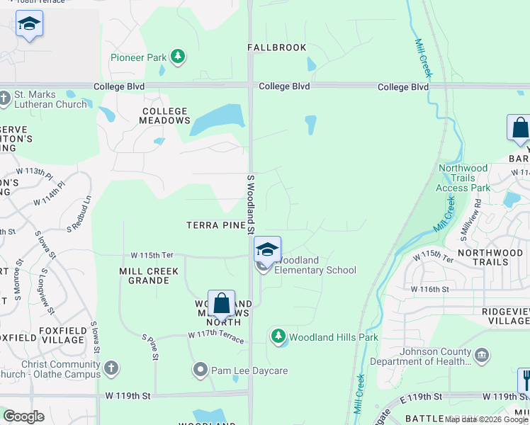 map of restaurants, bars, coffee shops, grocery stores, and more near 11377-11457 Woodland Avenue in Olathe