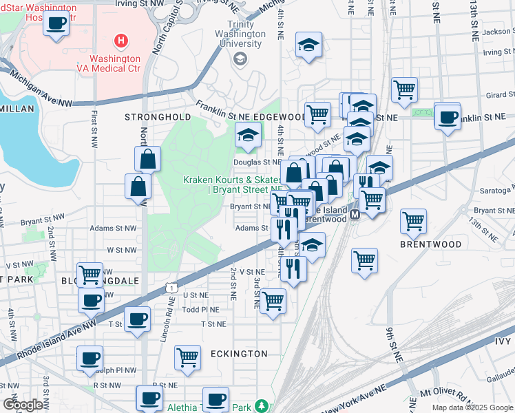 map of restaurants, bars, coffee shops, grocery stores, and more near 3rd St NE & Bryant St NE in Washington