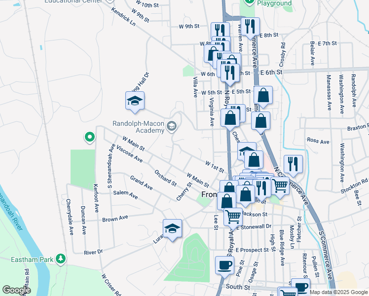 map of restaurants, bars, coffee shops, grocery stores, and more near 213 West 1st Street in Front Royal