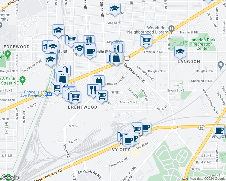 map of restaurants, bars, coffee shops, grocery stores, and more near 1356 Bryant Street Northeast in Washington