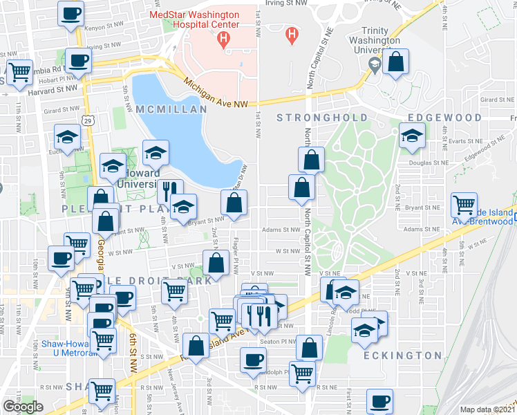 map of restaurants, bars, coffee shops, grocery stores, and more near 1st St NW & Bryant St NW in Washington
