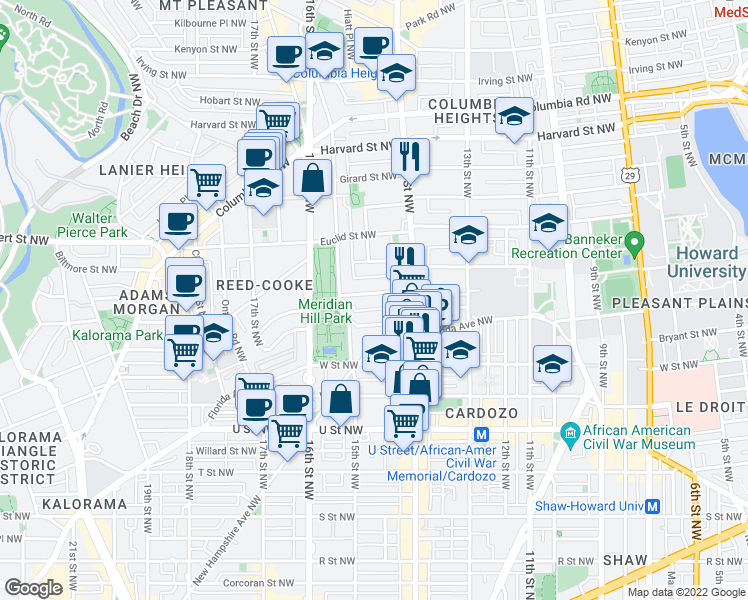 map of restaurants, bars, coffee shops, grocery stores, and more near 1434 Chapin Street Northwest in Washington