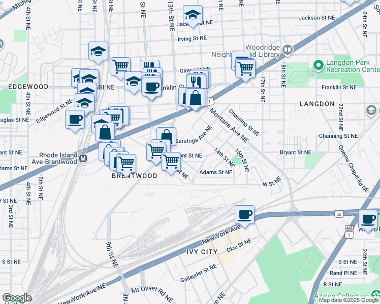 map of restaurants, bars, coffee shops, grocery stores, and more near 1356 Bryant Street Northeast in Washington