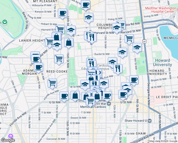 map of restaurants, bars, coffee shops, grocery stores, and more near 101 Independence Avenue Southeast in Washington