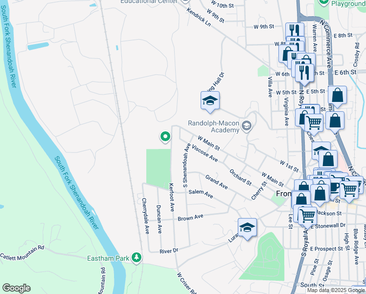 map of restaurants, bars, coffee shops, grocery stores, and more near 105 South Shenandoah Avenue in Front Royal