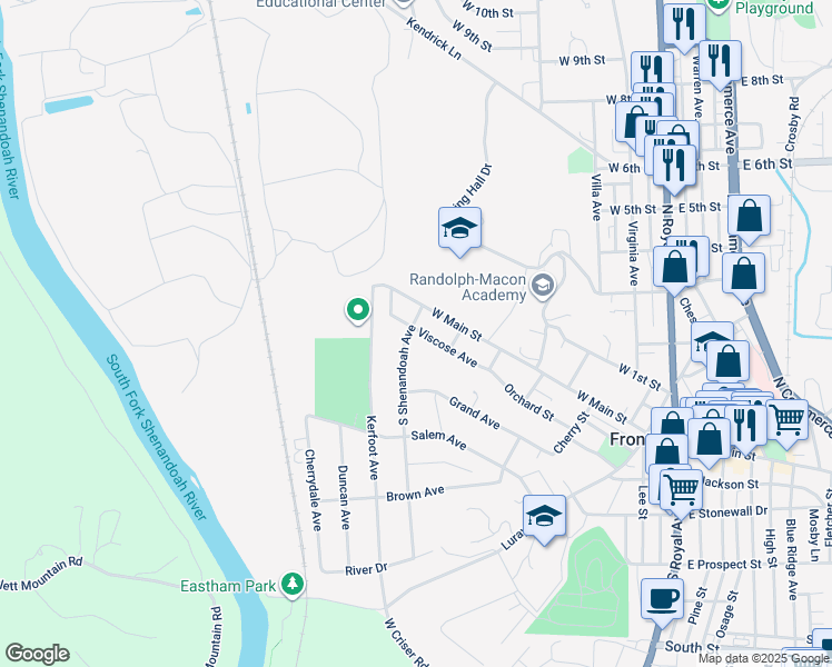 map of restaurants, bars, coffee shops, grocery stores, and more near 102 South Shenandoah Avenue in Front Royal