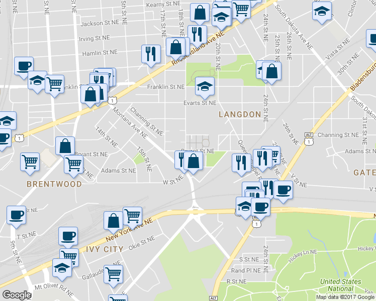 map of restaurants, bars, coffee shops, grocery stores, and more near 2322 18th Street Northeast in Washington