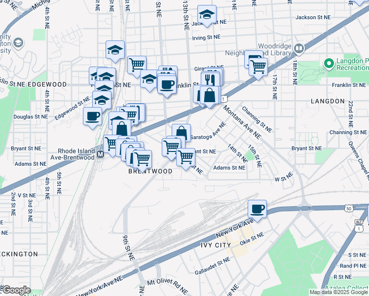 map of restaurants, bars, coffee shops, grocery stores, and more near 1300 Bryant Street Northeast in Washington