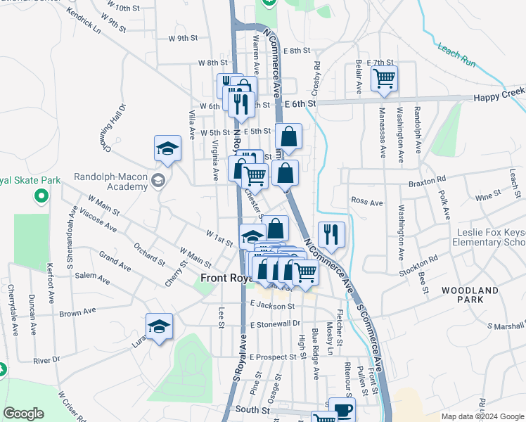 map of restaurants, bars, coffee shops, grocery stores, and more near 203 Chester Street in Front Royal