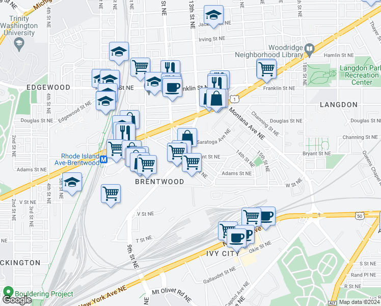 map of restaurants, bars, coffee shops, grocery stores, and more near 1300 Bryant Street Northeast in Washington