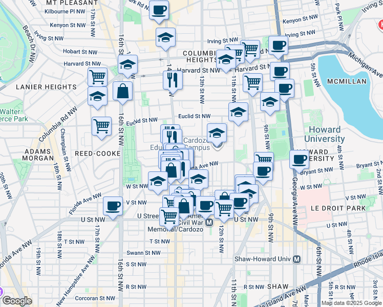 map of restaurants, bars, coffee shops, grocery stores, and more near 1309 Belmont Street Northwest in Washington