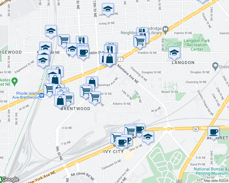 map of restaurants, bars, coffee shops, grocery stores, and more near 1384 Bryant Street Northeast in Washington
