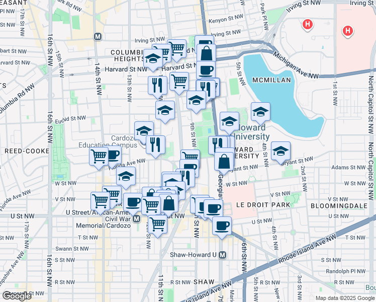 map of restaurants, bars, coffee shops, grocery stores, and more near 2323 Sherman Avenue Northwest in Washington