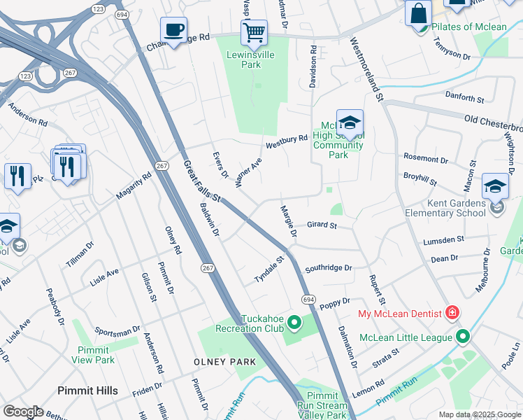 map of restaurants, bars, coffee shops, grocery stores, and more near 7107 Sea Cliff Road in McLean