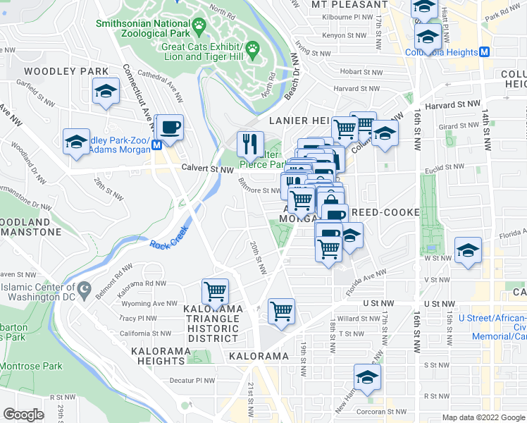 map of restaurants, bars, coffee shops, grocery stores, and more near 19th Street Northwest & Mintwood Place Northwest in Washington
