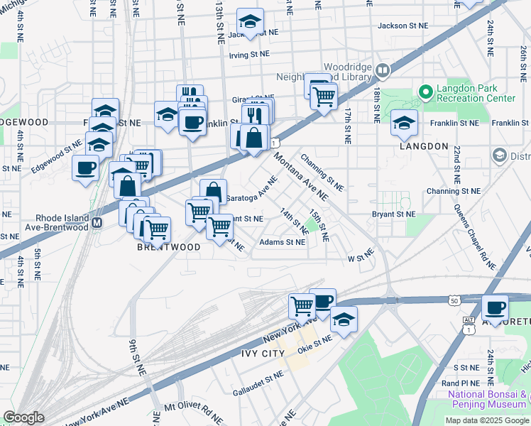 map of restaurants, bars, coffee shops, grocery stores, and more near 1384 Bryant Street Northeast in Washington