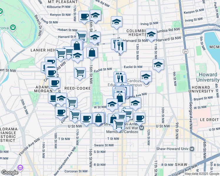 map of restaurants, bars, coffee shops, grocery stores, and more near 1434 Chapin Street Northwest in Washington