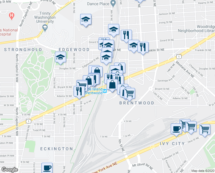 map of restaurants, bars, coffee shops, grocery stores, and more near 701 Rhode Island Avenue Northeast in Washington