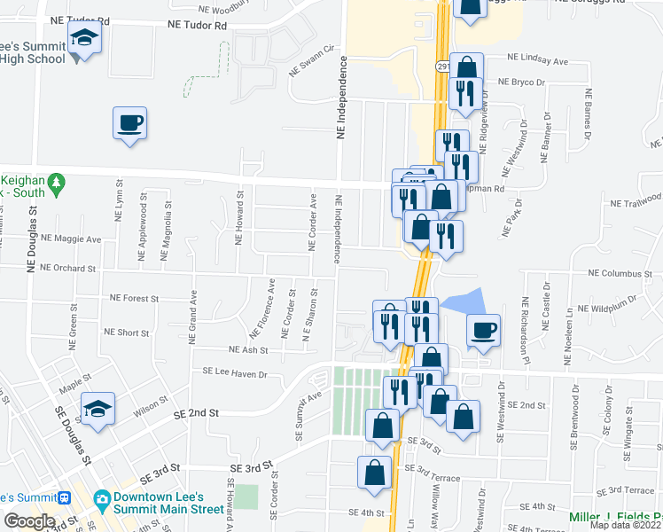 map of restaurants, bars, coffee shops, grocery stores, and more near 508 Northeast Independence Avenue in Lee's Summit