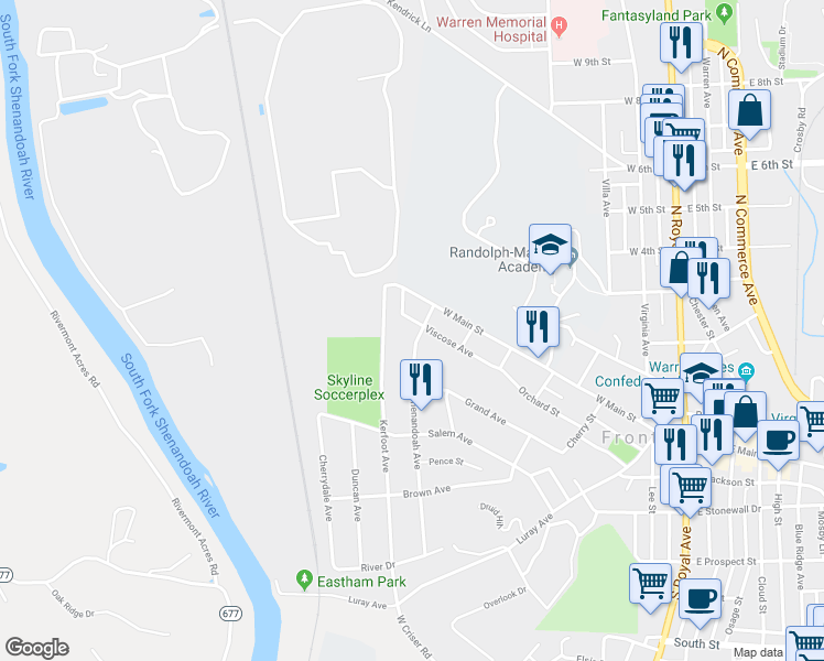 map of restaurants, bars, coffee shops, grocery stores, and more near 105 S Shenandoah Ave in Front Royal