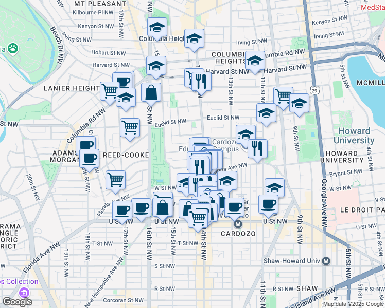 map of restaurants, bars, coffee shops, grocery stores, and more near 1416 Chapin Street Northwest in Washington