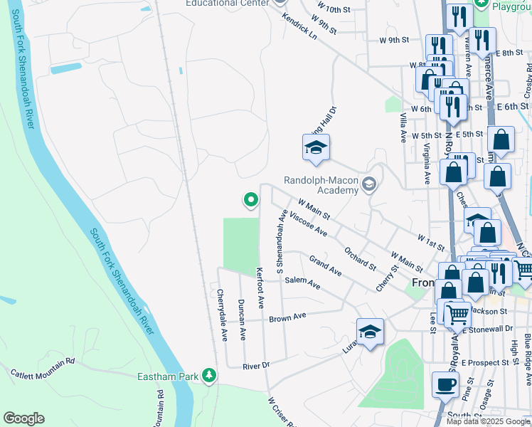 map of restaurants, bars, coffee shops, grocery stores, and more near 118 Kerfoot Avenue in Front Royal