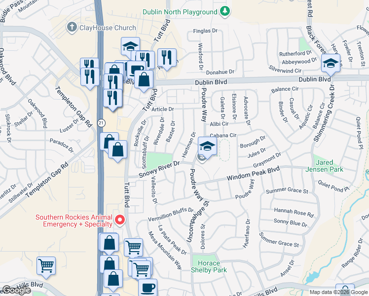map of restaurants, bars, coffee shops, grocery stores, and more near 6256 Hartman Drive in Colorado Springs