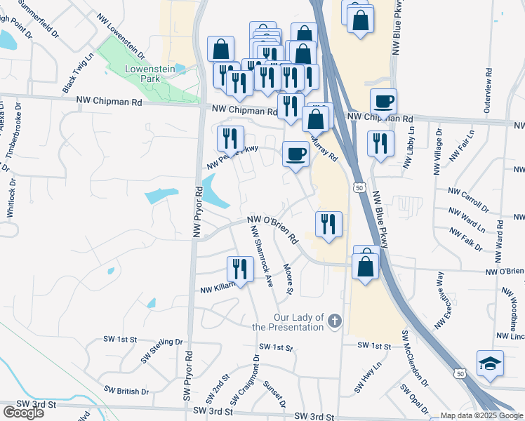 map of restaurants, bars, coffee shops, grocery stores, and more near 512 Northwest Hope Lane in Lee's Summit